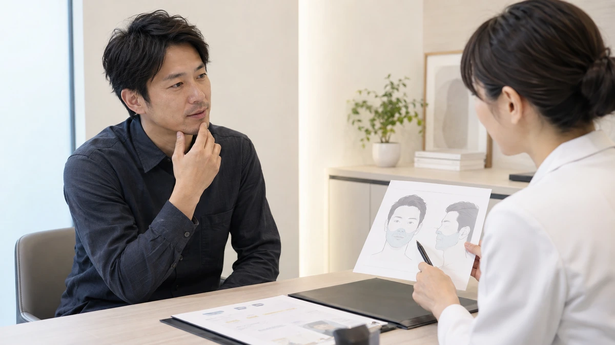 ヒゲ脱毛の施術範囲や仕上がりについて相談する男性