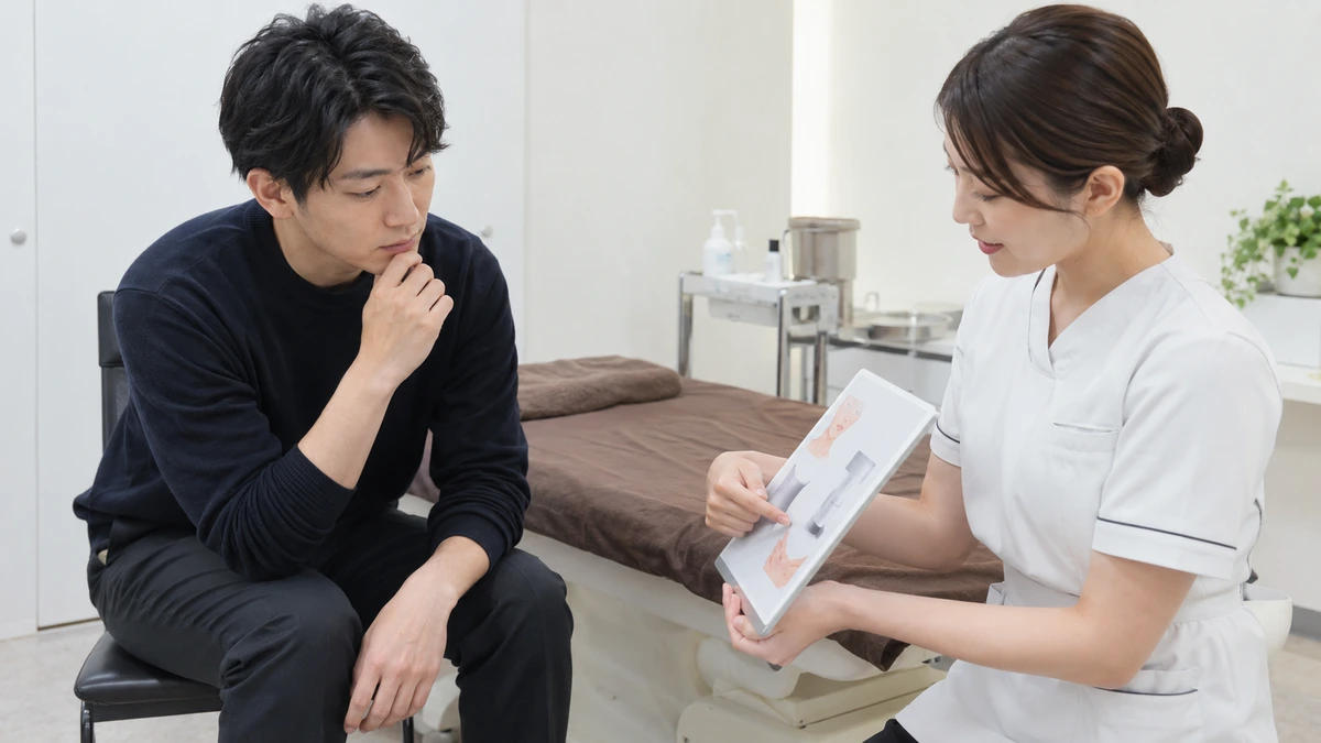 ヒゲ脱毛の痛みや麻酔について説明を受ける男性