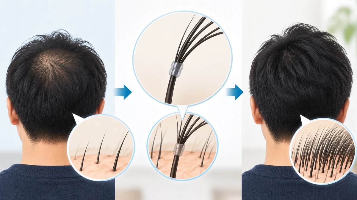 自分の髪に人工毛髪を結びつける増毛の仕組み