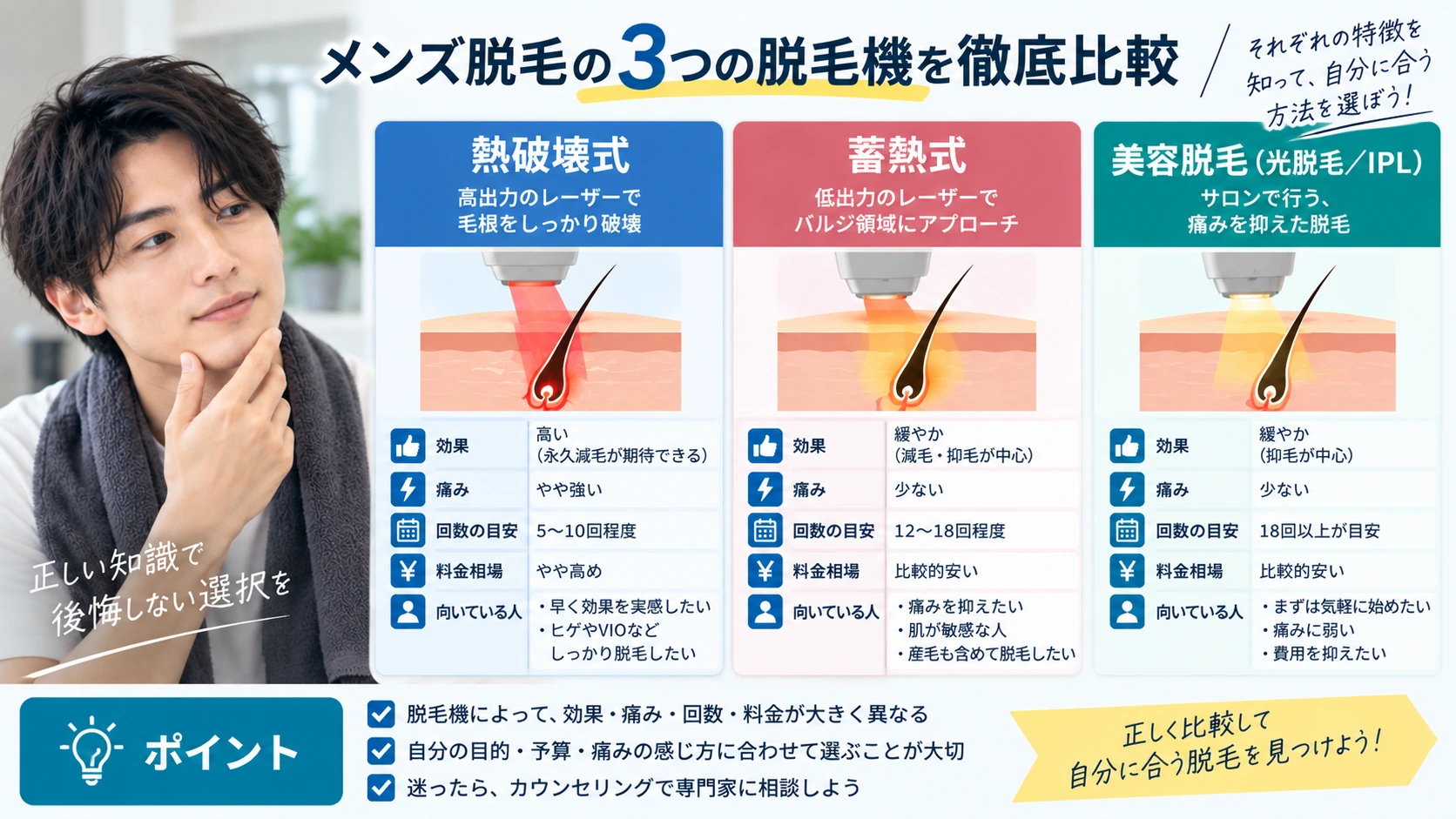 熱破壊式・蓄熱式・美容脱毛の3方式を比較した図