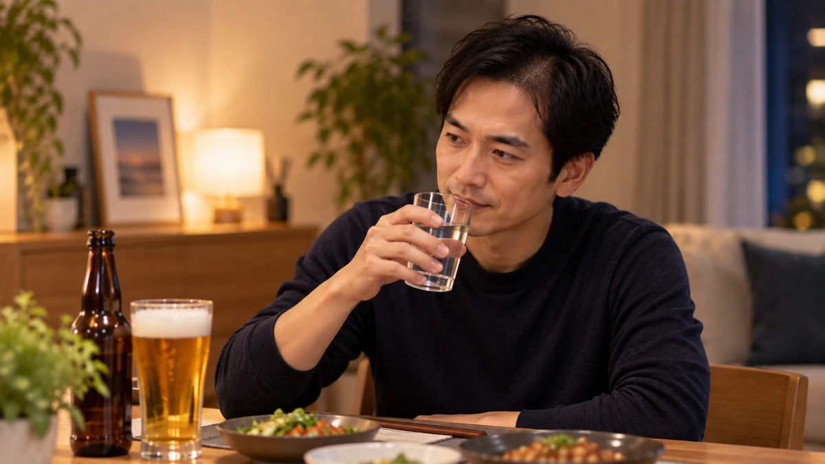 自毛植毛後に飲酒を控えて水を飲む男性