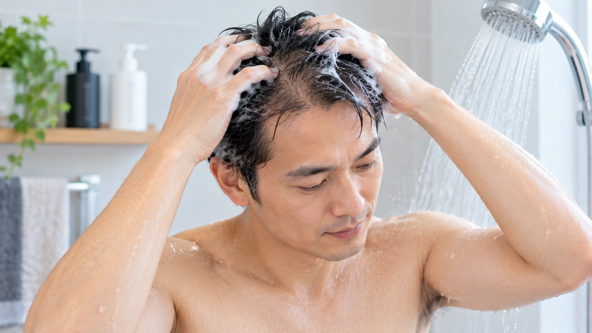 自毛植毛後に髪をやさしく洗う男性