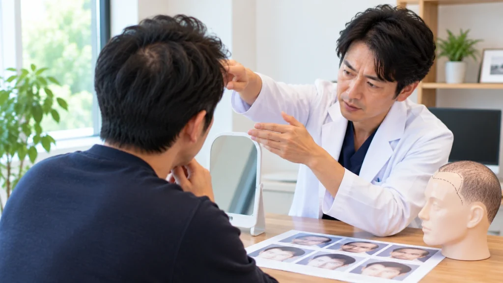 40代以降の自毛植毛について医師へ相談する男性