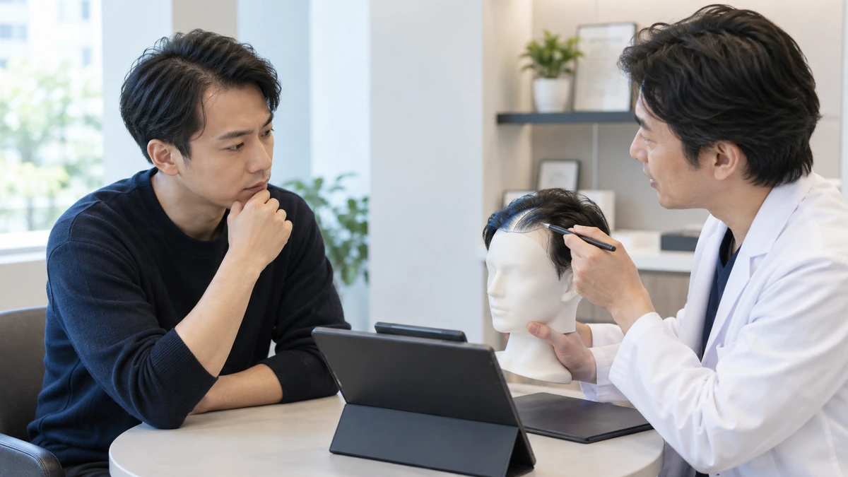 若いうちの自毛植毛と将来のAGA進行を相談する男性