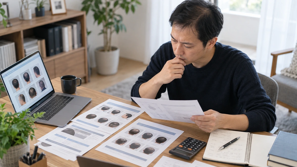 自毛植毛クリニックの症例と料金を比較する男性