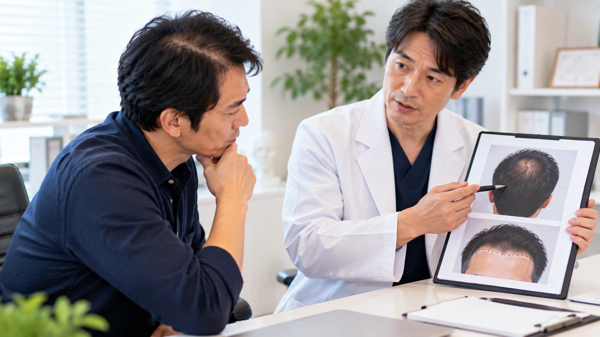自毛植毛を担当する医師について確認する男性