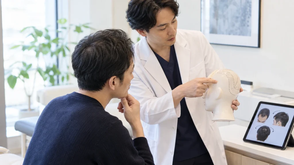 自毛植毛のドナー量と生え際設計を相談する男性