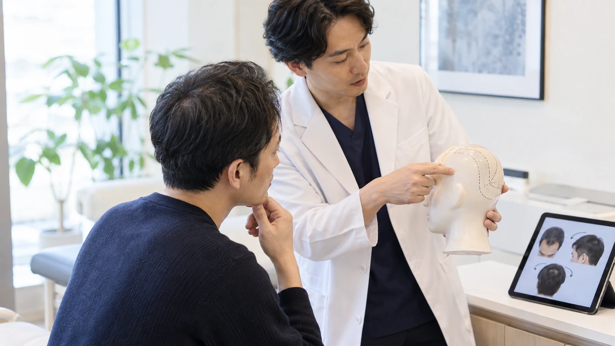 自毛植毛のドナー量と生え際設計を相談する男性