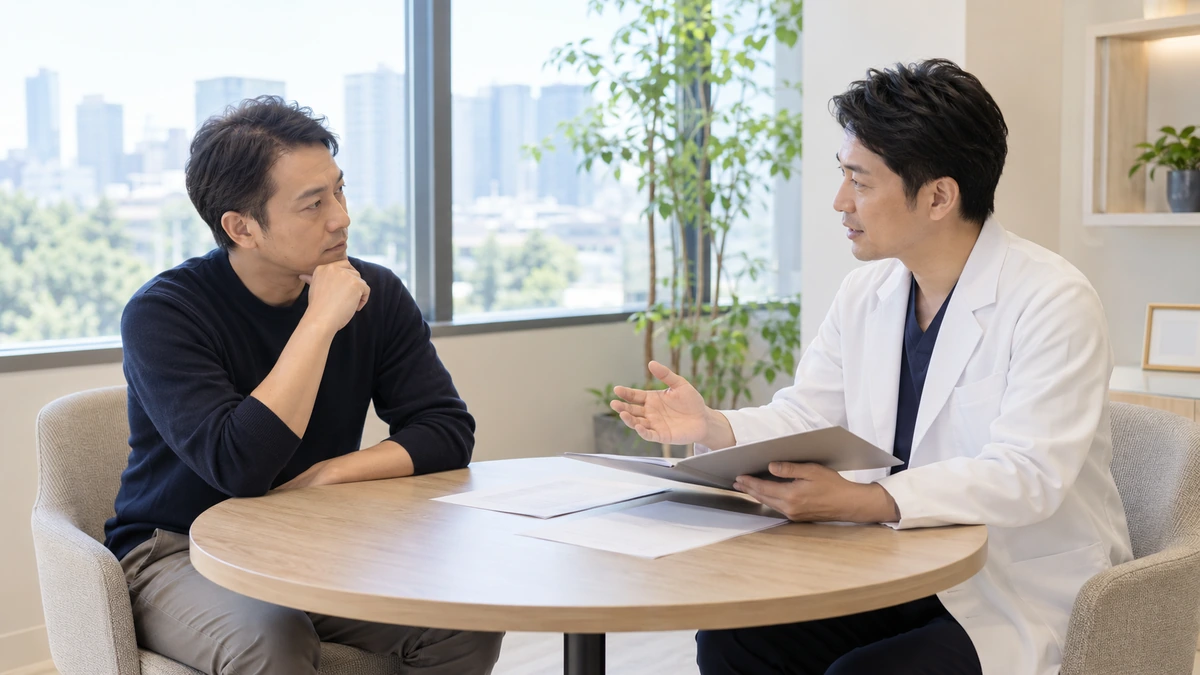 自毛植毛の術後フォローと将来計画を相談する男性