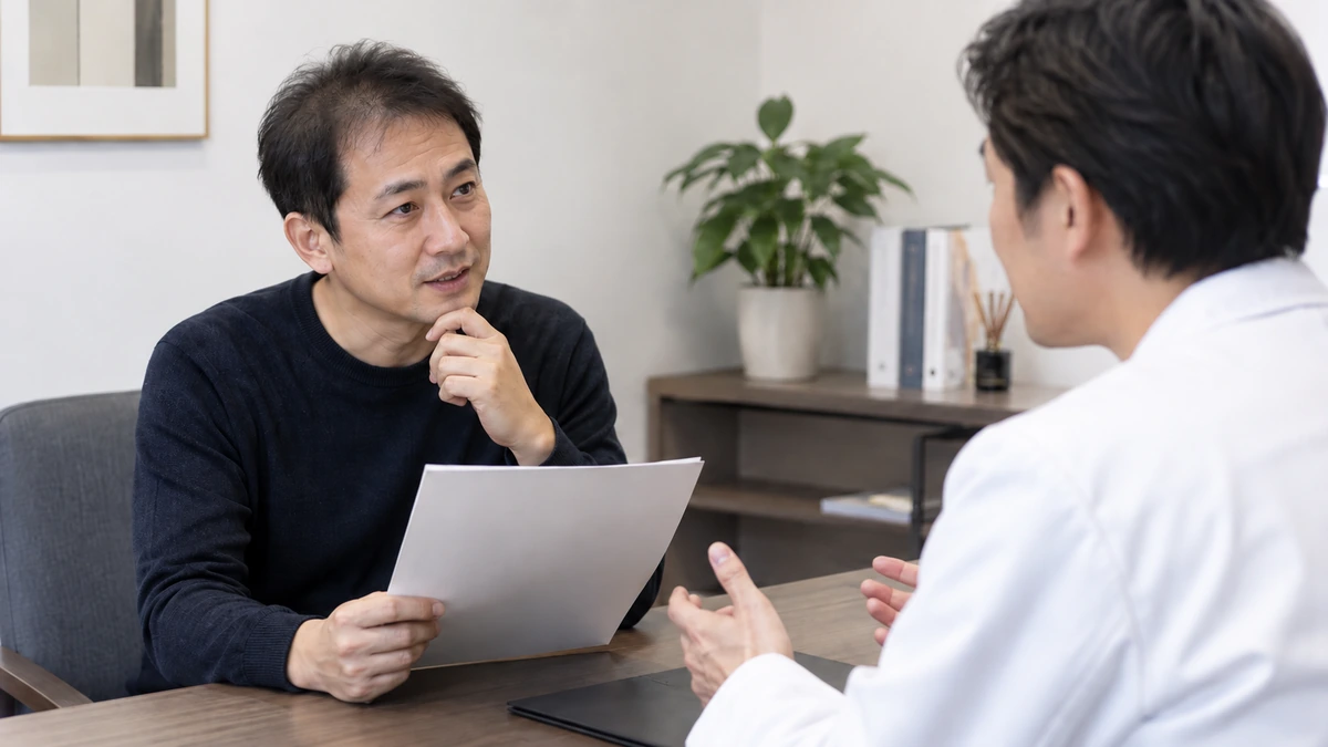 自毛植毛の生着率や術後対応を医師へ確認する男性