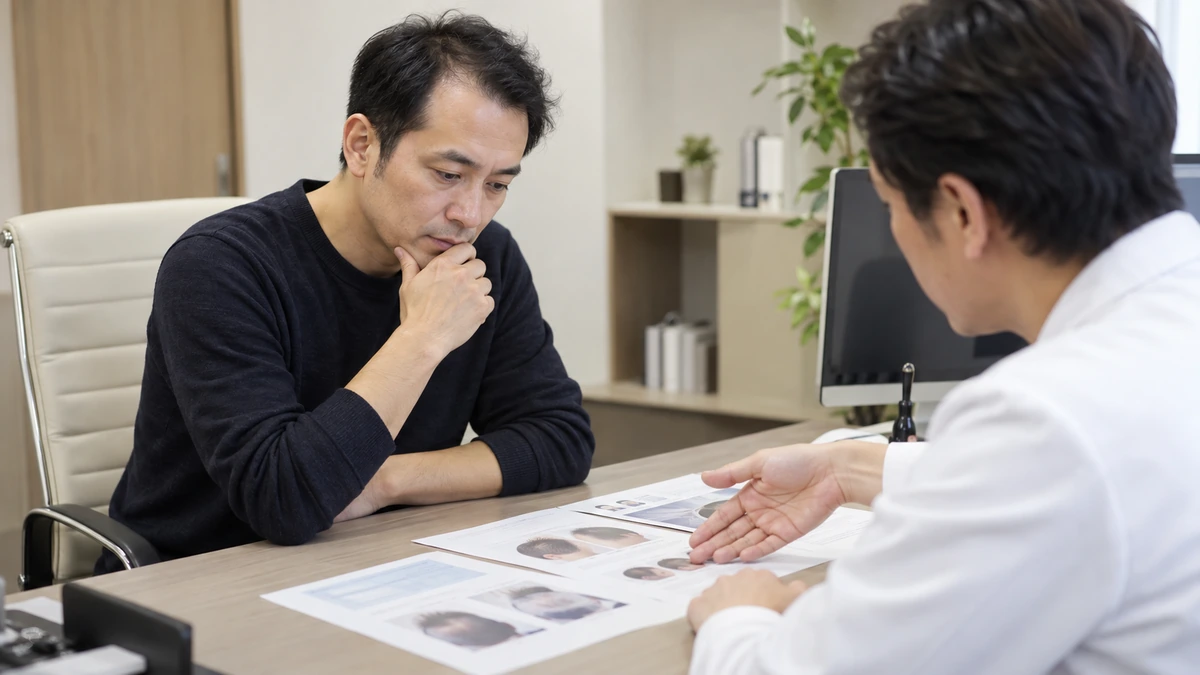 自毛植毛で頭頂部に必要なグラフト数を確認する男性