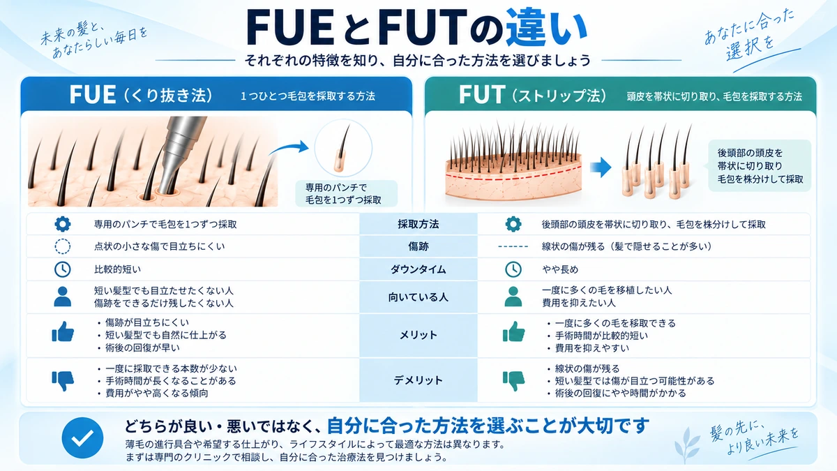 自毛植毛のFUEとFUTの違いを比較する男性
