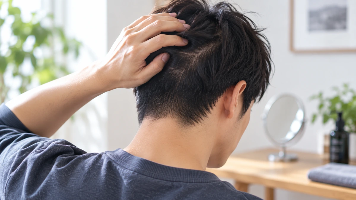自毛植毛FUEの傷跡について説明を受ける男性