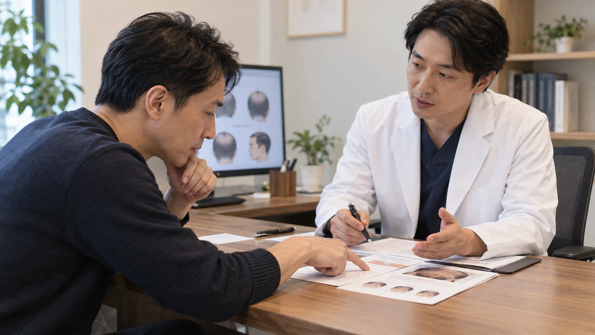 自毛植毛の必要グラフト数や見積もりを医師へ確認する男性
