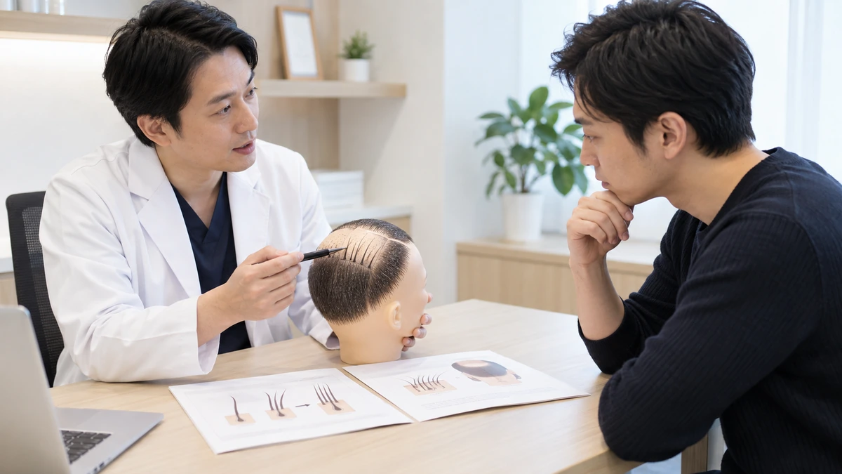 自毛植毛のグラフトと毛髪本数の違いについて説明を受ける男性