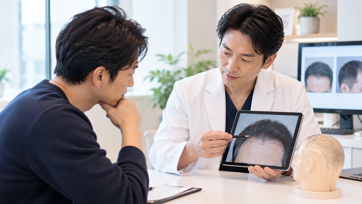 自毛植毛の生え際デザインについて説明を受ける男性