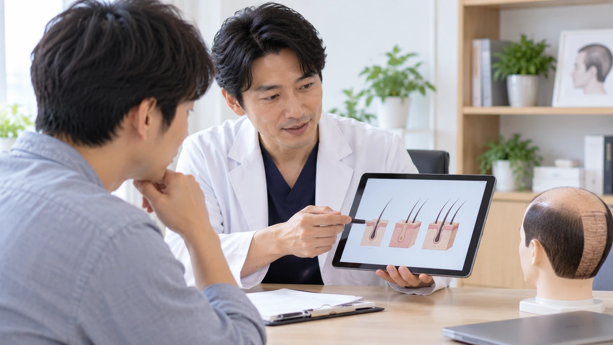 自毛植毛で生え際やM字に必要なグラフト数を確認する男性