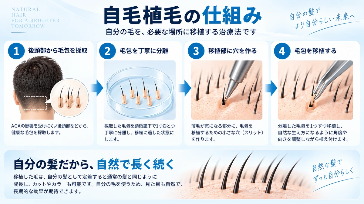 自毛植毛の仕組みを確認する男性