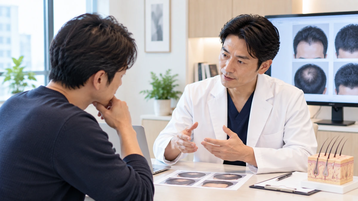 自毛植毛の自然な仕上がりについて医師へ確認する男性