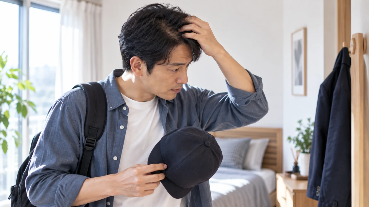 自毛植毛後の見た目を気にして外出準備をする男性
