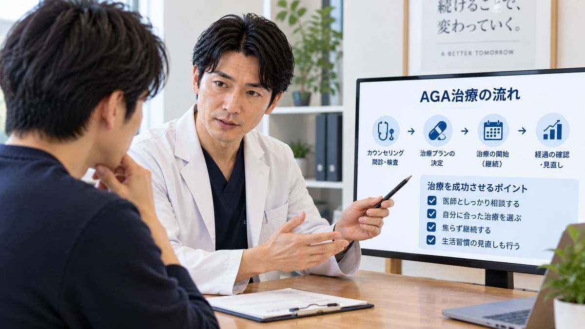 自毛植毛後の赤みや腫れについて医師へ相談する男性