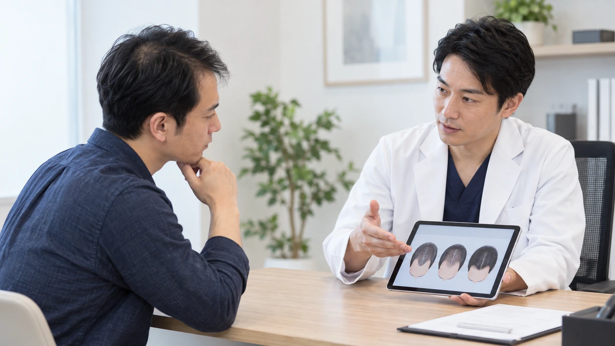 自毛植毛の密度と仕上がりについて確認する男性