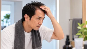 自毛植毛の生え際デザインと将来のAGA進行を相談する男性