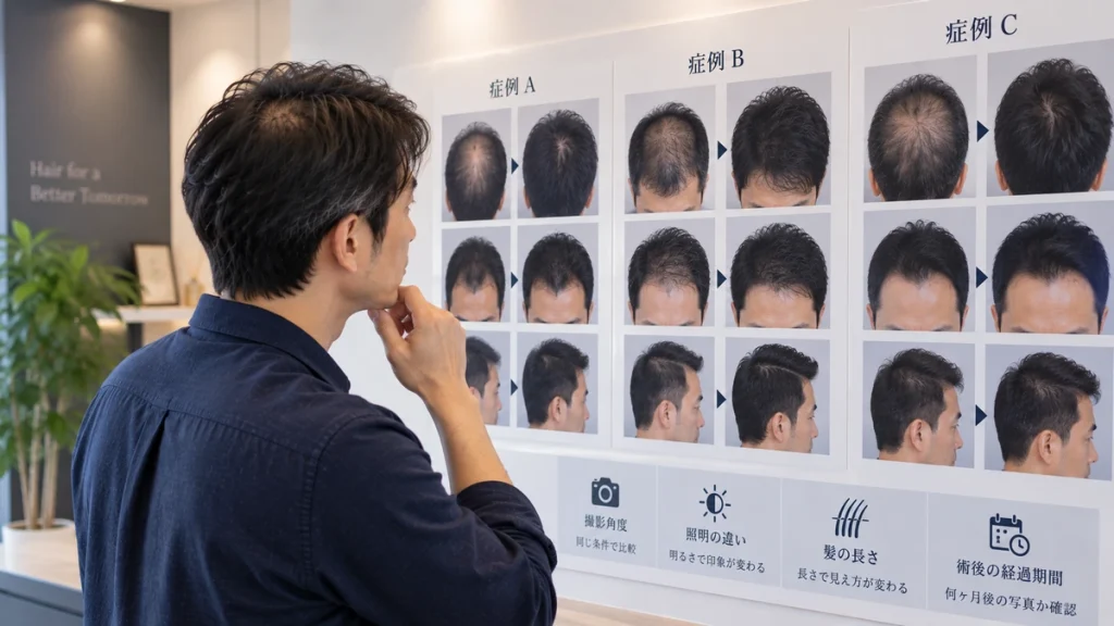 自毛植毛の症例写真の撮影条件を確認する男性
