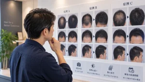 自毛植毛の症例写真の撮影条件を確認する男性