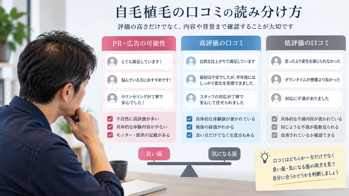 自毛植毛のPR投稿や高評価と低評価を比較する男性
