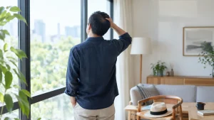 自毛植毛の傷跡や後頭部の見え方を調べる男性