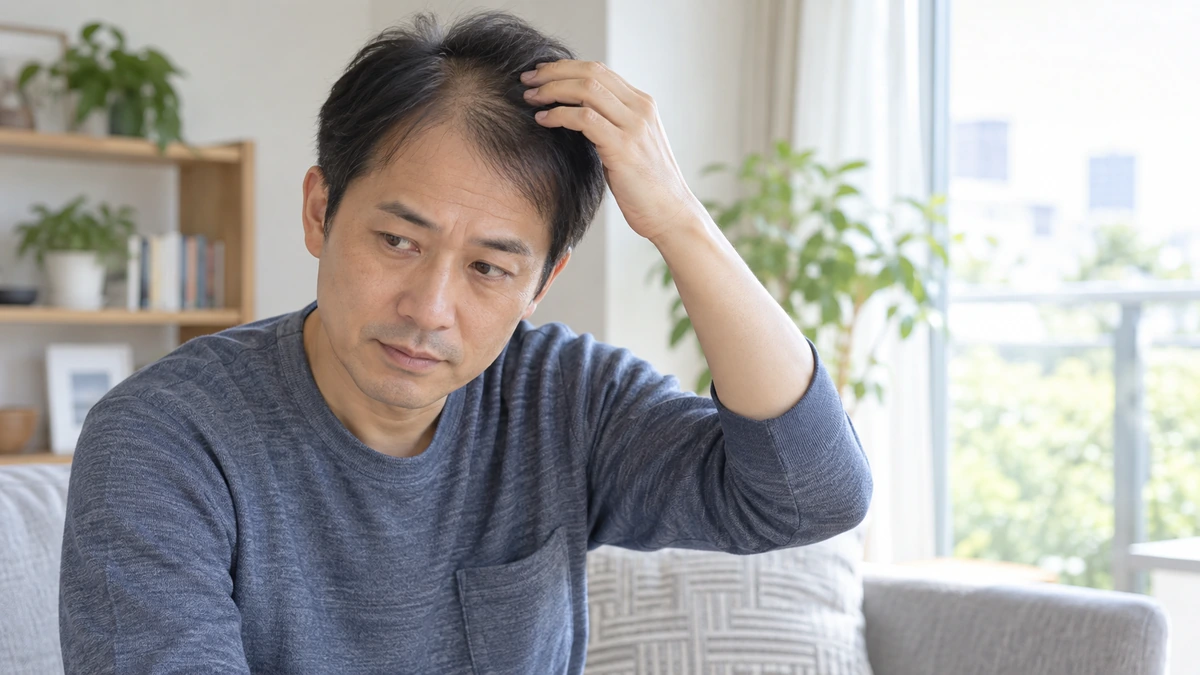 自毛植毛後のショックロスについて確認する男性
