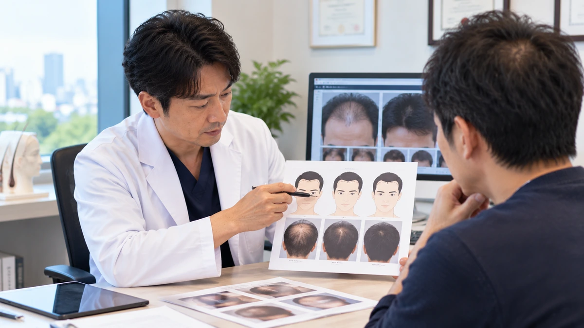 海外植毛で通訳を介して生え際を相談する男性