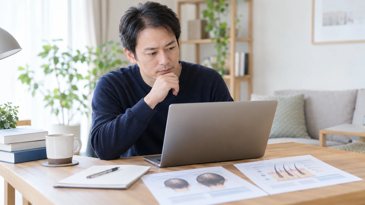 自毛植毛と人工毛植毛の医学的評価を確認する男性