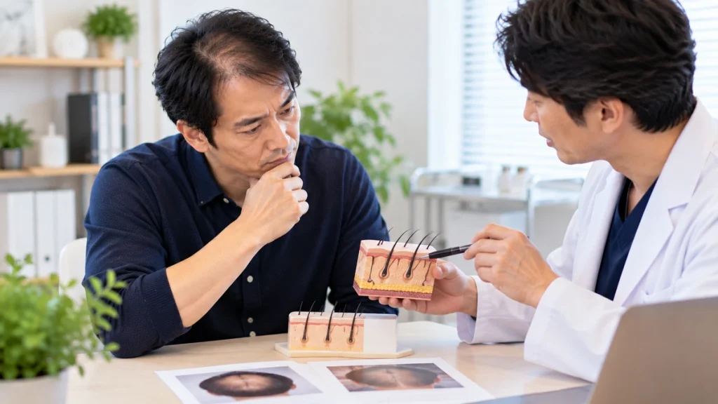 自毛植毛と人工毛植毛の長期維持を考える男性