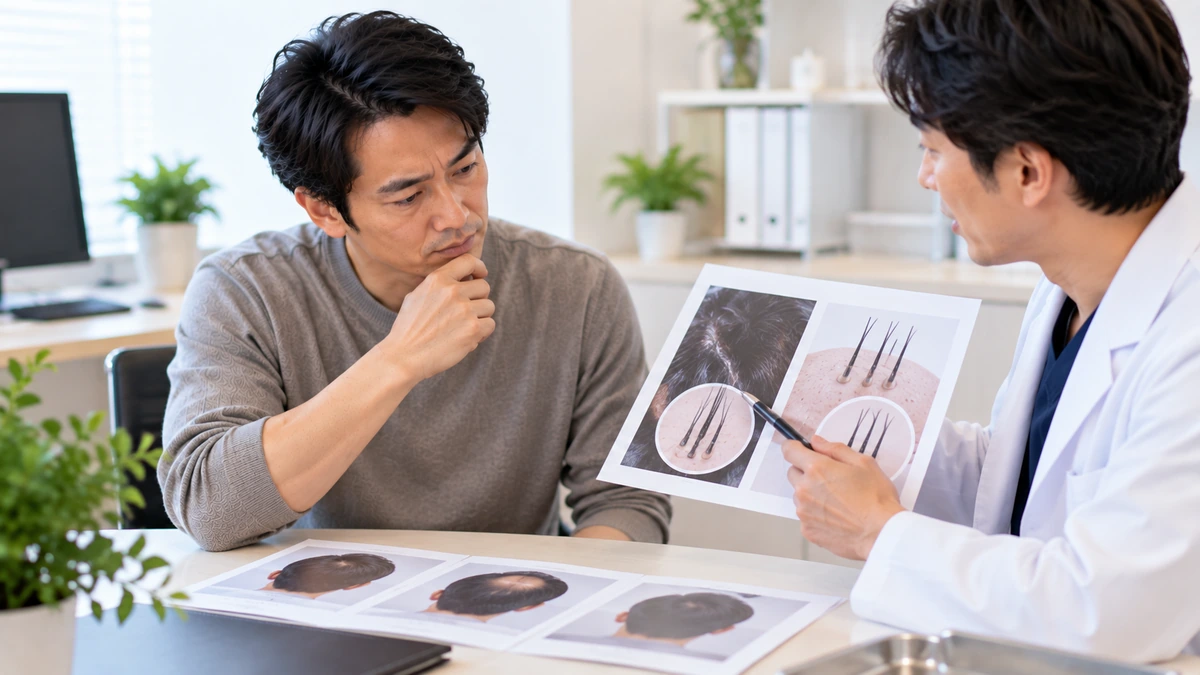 自毛植毛と人工毛植毛で使う毛の違いを確認する男性