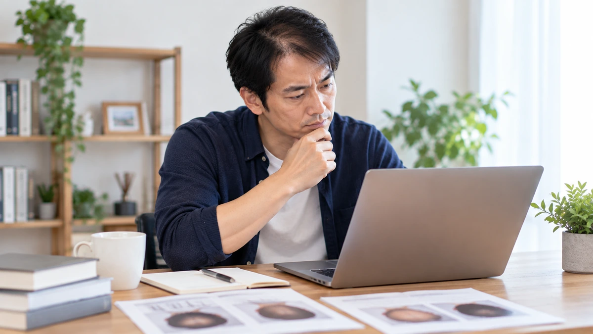 人工毛植毛の安全性や異物反応について確認する男性