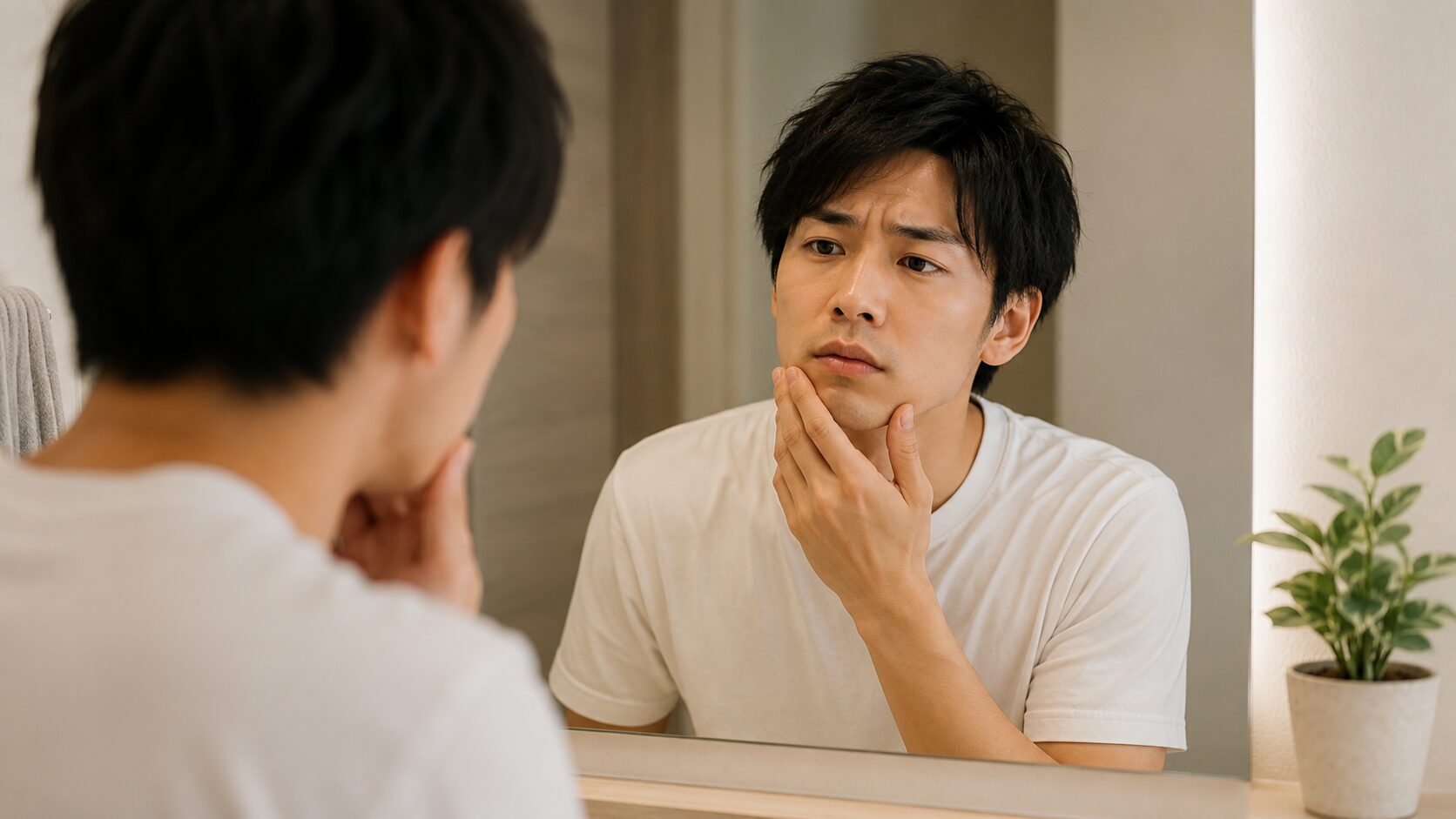 鏡を見ながらヒゲ脱毛後の口元を確認する男性