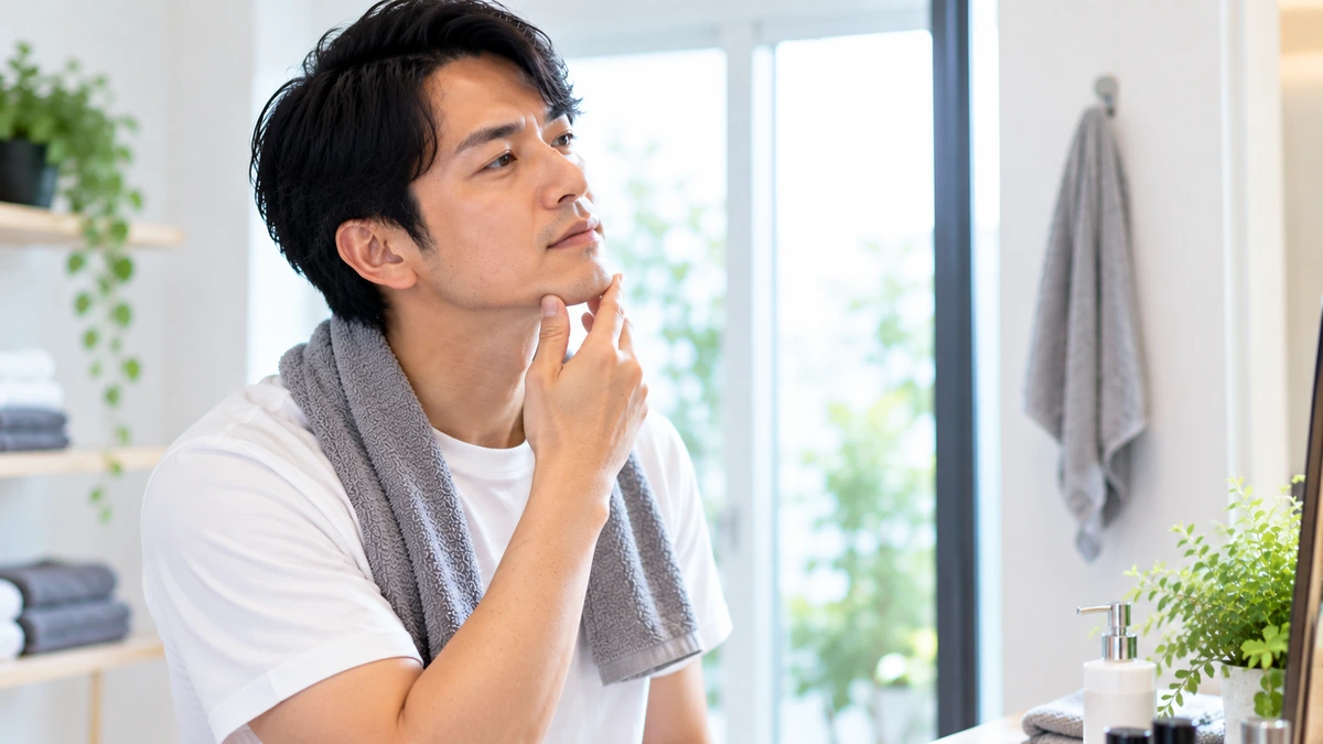 自宅でヒゲ周りのセルフケアを行う男性