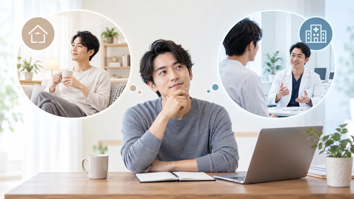 自宅ケアと通院型ケアの違いを考える男性