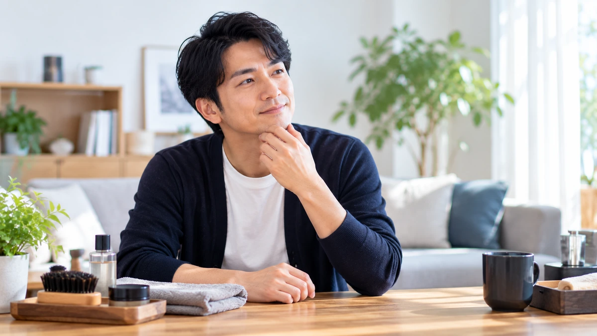 家庭用光美容器を手に自宅でムダ毛ケアを検討する男性
