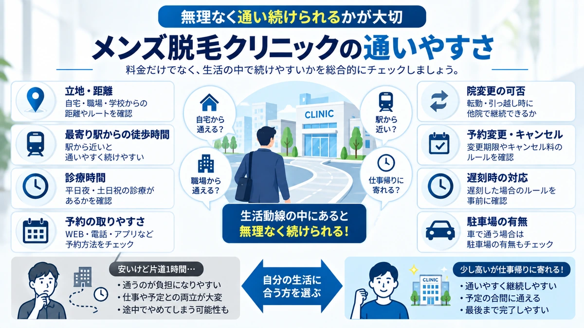 メンズ脱毛クリニックの通いやすさを判断する項目を整理した図