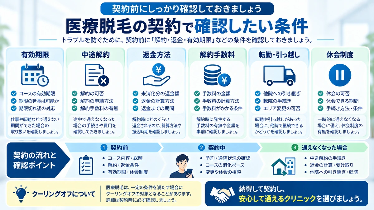 医療脱毛契約の解約・返金・有効期限を確認する図