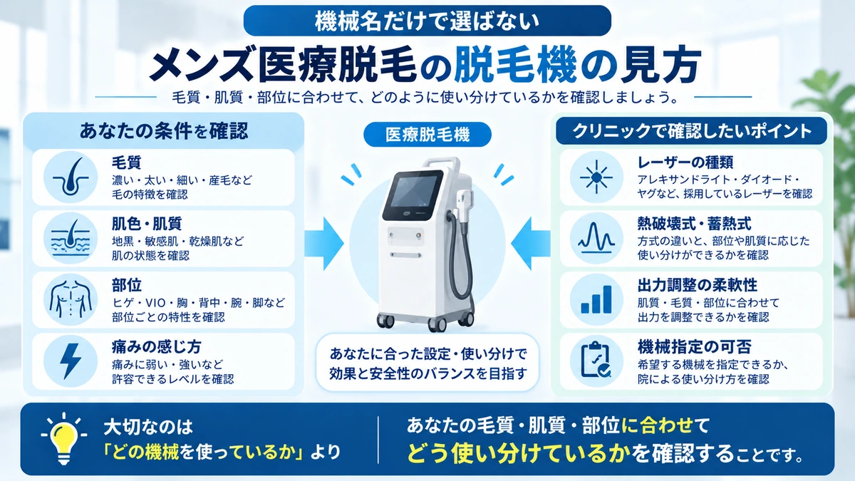 メンズ医療脱毛の機械を選ぶときの確認ポイントを整理した図