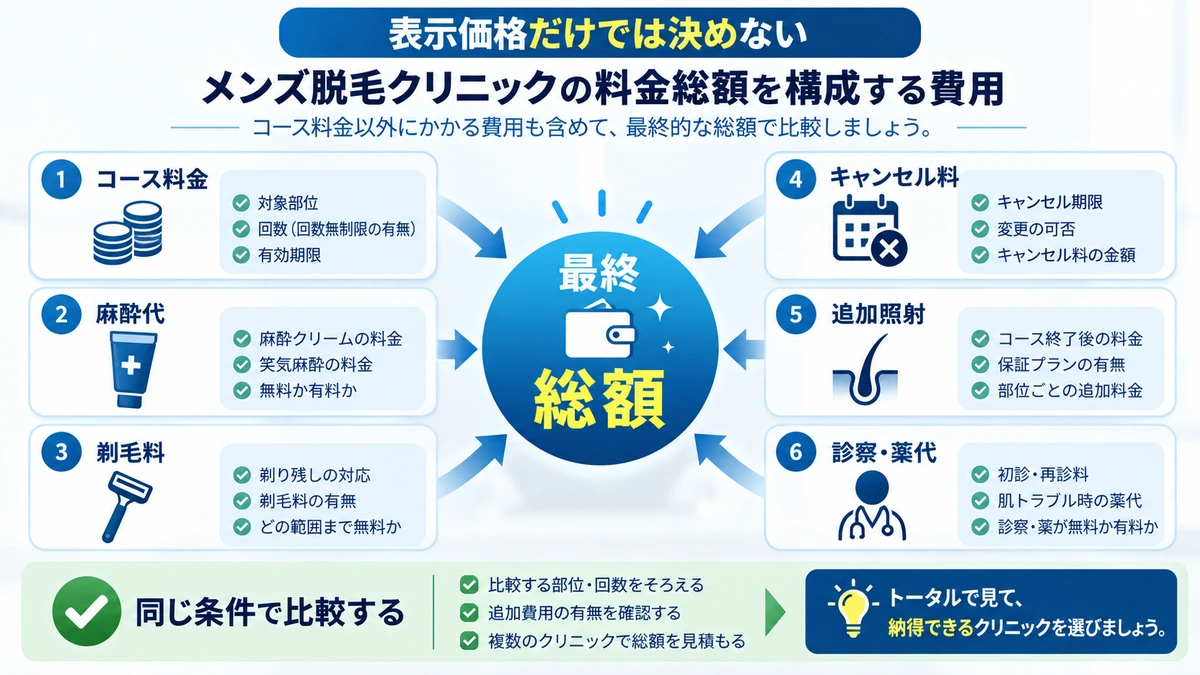 メンズ脱毛クリニックの料金総額を構成する費用を整理した図