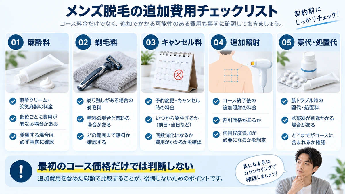 メンズ脱毛で見落としやすい追加費用をまとめた図