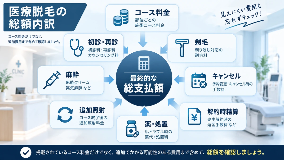 メンズ医療脱毛の総額に含めて確認したい費用を整理した図