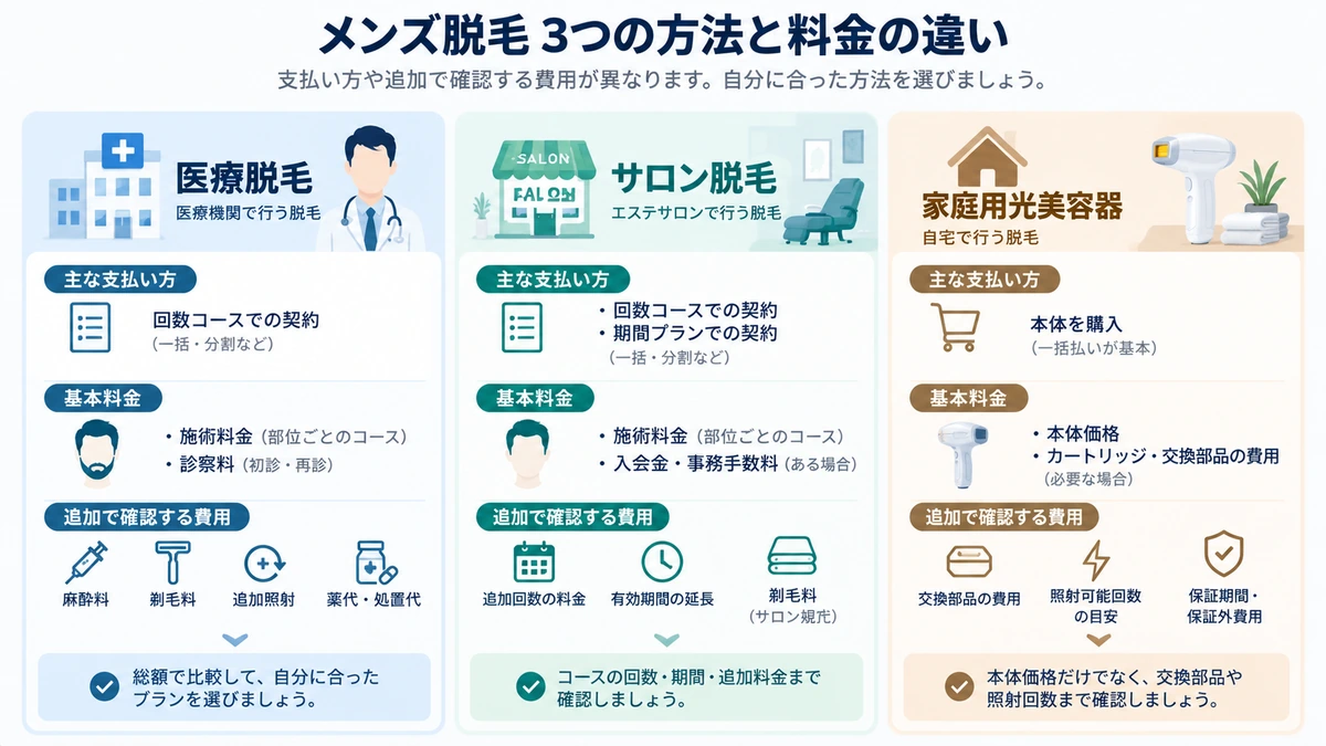 医療脱毛・サロン脱毛・家庭用光美容器の料金構造を比較した図
