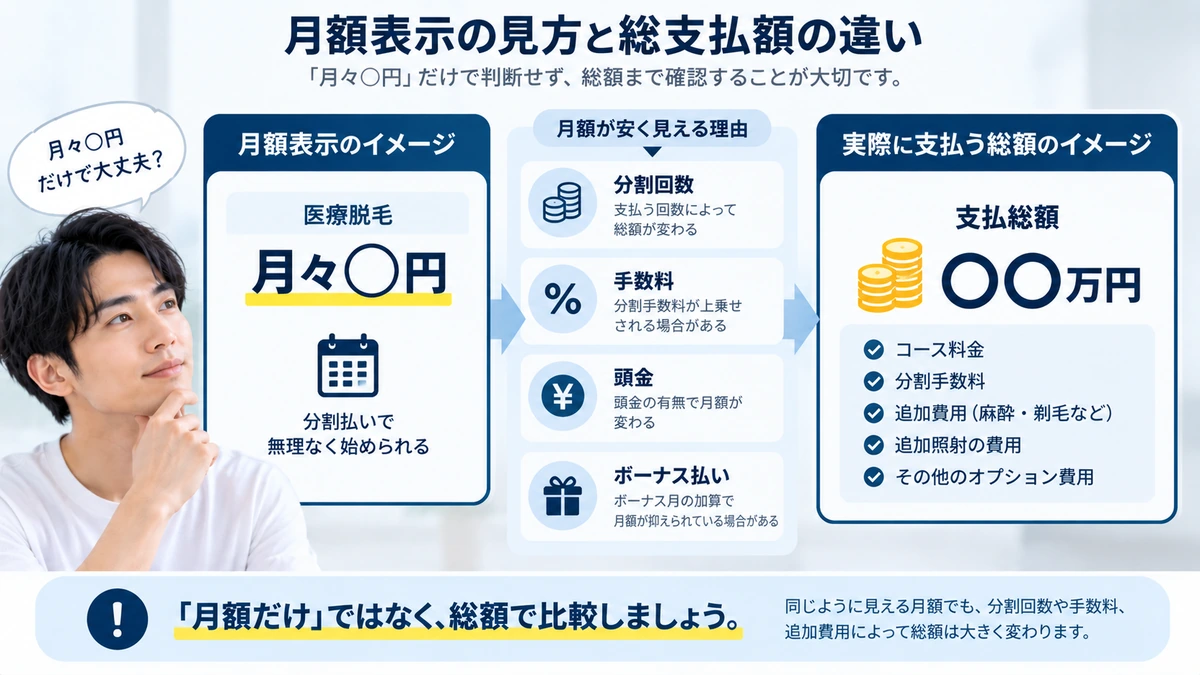 メンズ脱毛の月額表示と総支払額の違いを示した図