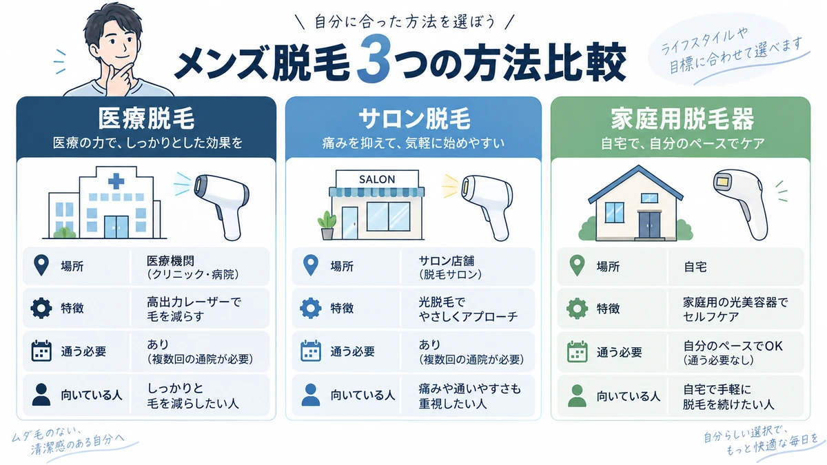メンズ脱毛の医療脱毛・サロン脱毛・家庭用脱毛器の違いを比較した図